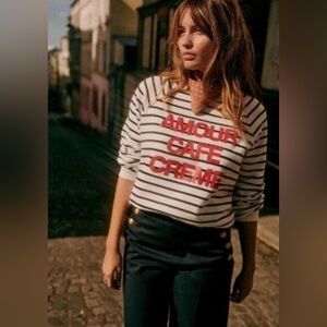 Sezane Amour Cafe Creme Sweatshirt Women’s XS Striped French Designer